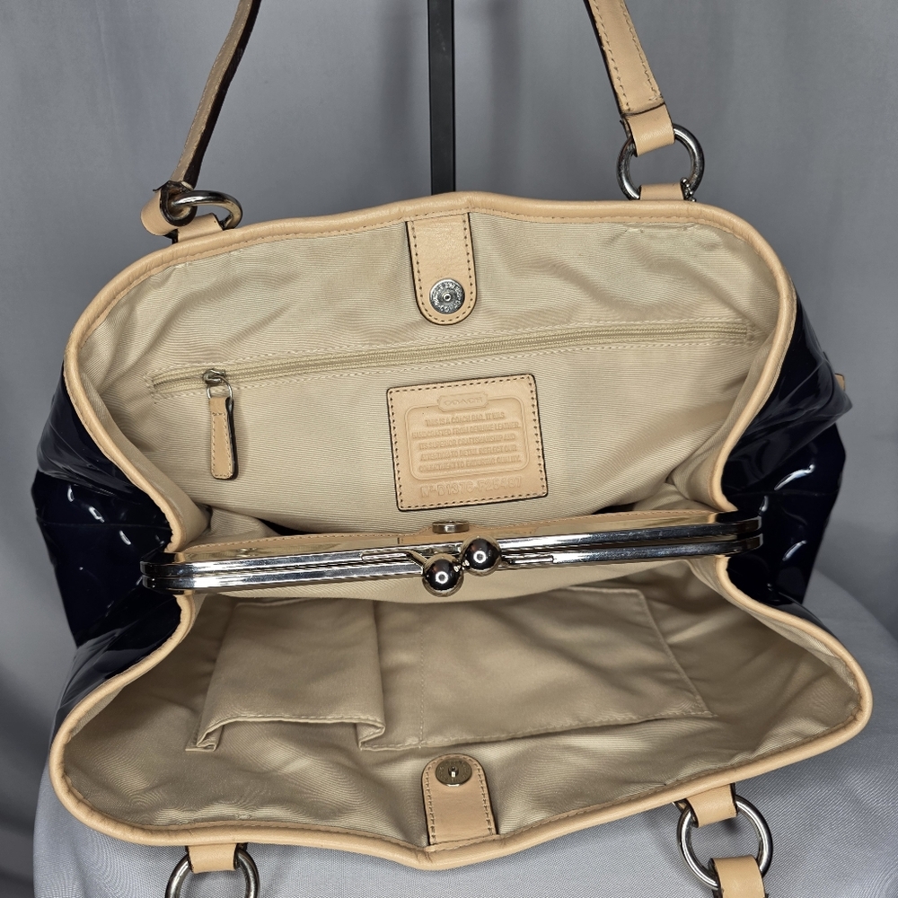 Coach Patent Leather Signature Tote – Navy Blue with Tan Trim, Leather Handles - Picture 9 of 11
